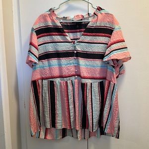 Lane Bryant- size 20, short sleeve, striped split ruffled Hi Lo top P2P 24.5”